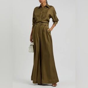 $2,111 ZIMMERMAN crush Silk wide leg trousers and shirt Set In Olive Green M